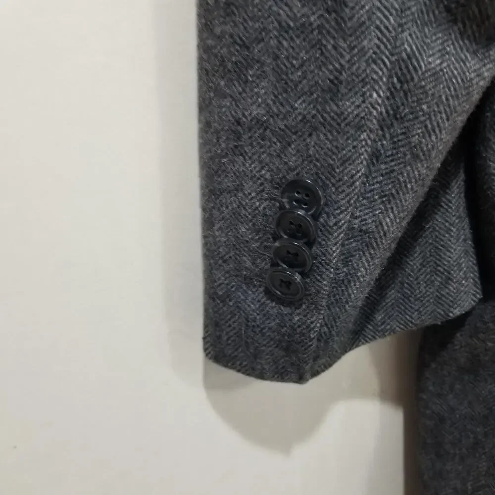 Banana Republic Coat Mens Large Gray Wool HB Topcoat Herringbone Tweed Lined